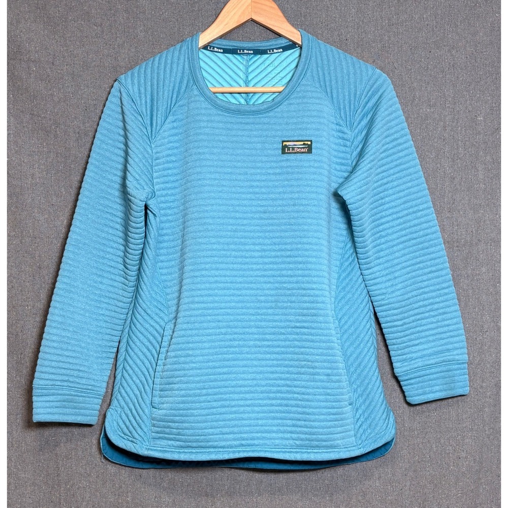 LL Bean Airlight Knit Sweatshirt Womens Small Blue Ribbed Pullover Top Teal Blue